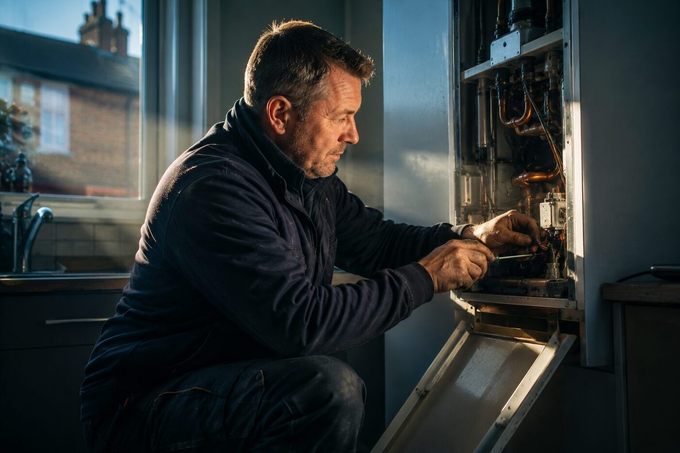 A gas engineer working on an open combi boiler in a sunlit British kitchen