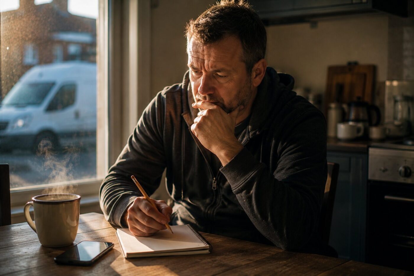 A tradesman at his kitchen table with a mug of tea, thinking over a blank notepad