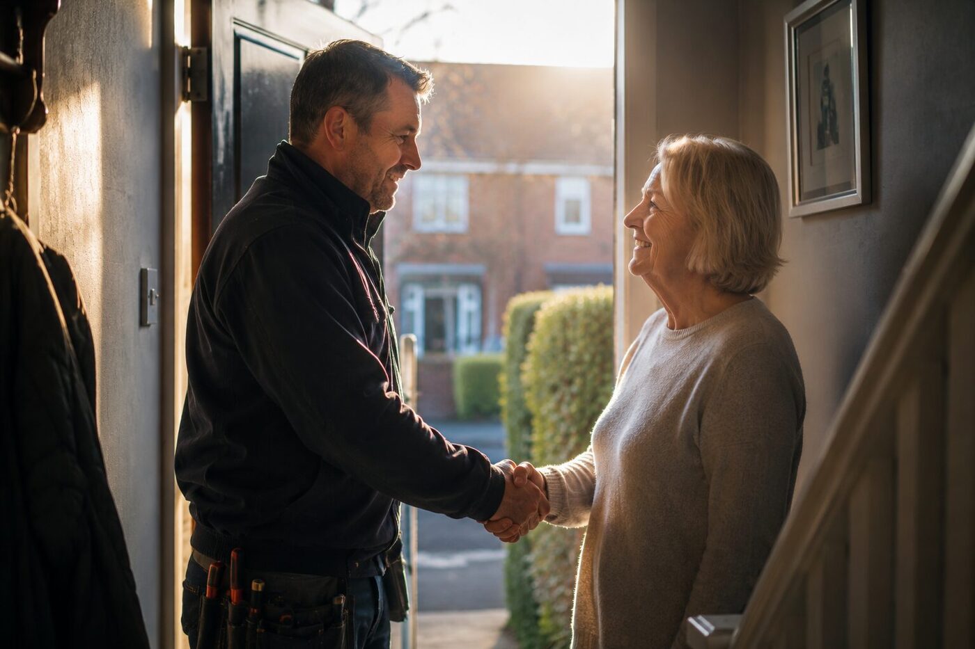A tradesman shaking hands with a customer at her front door in warm afternoon light